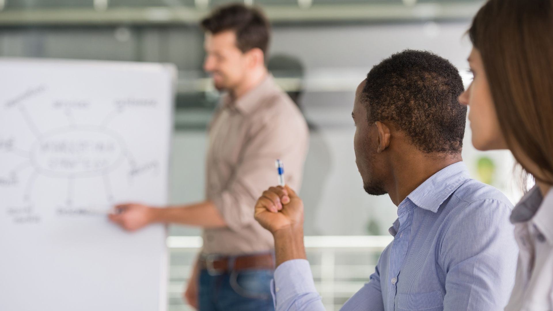 Team discuss ideas around a board