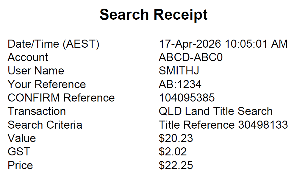 Search receipt sample
