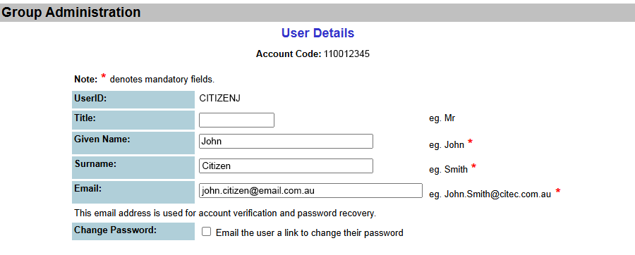 Screenshot of Group Administration User Details screen