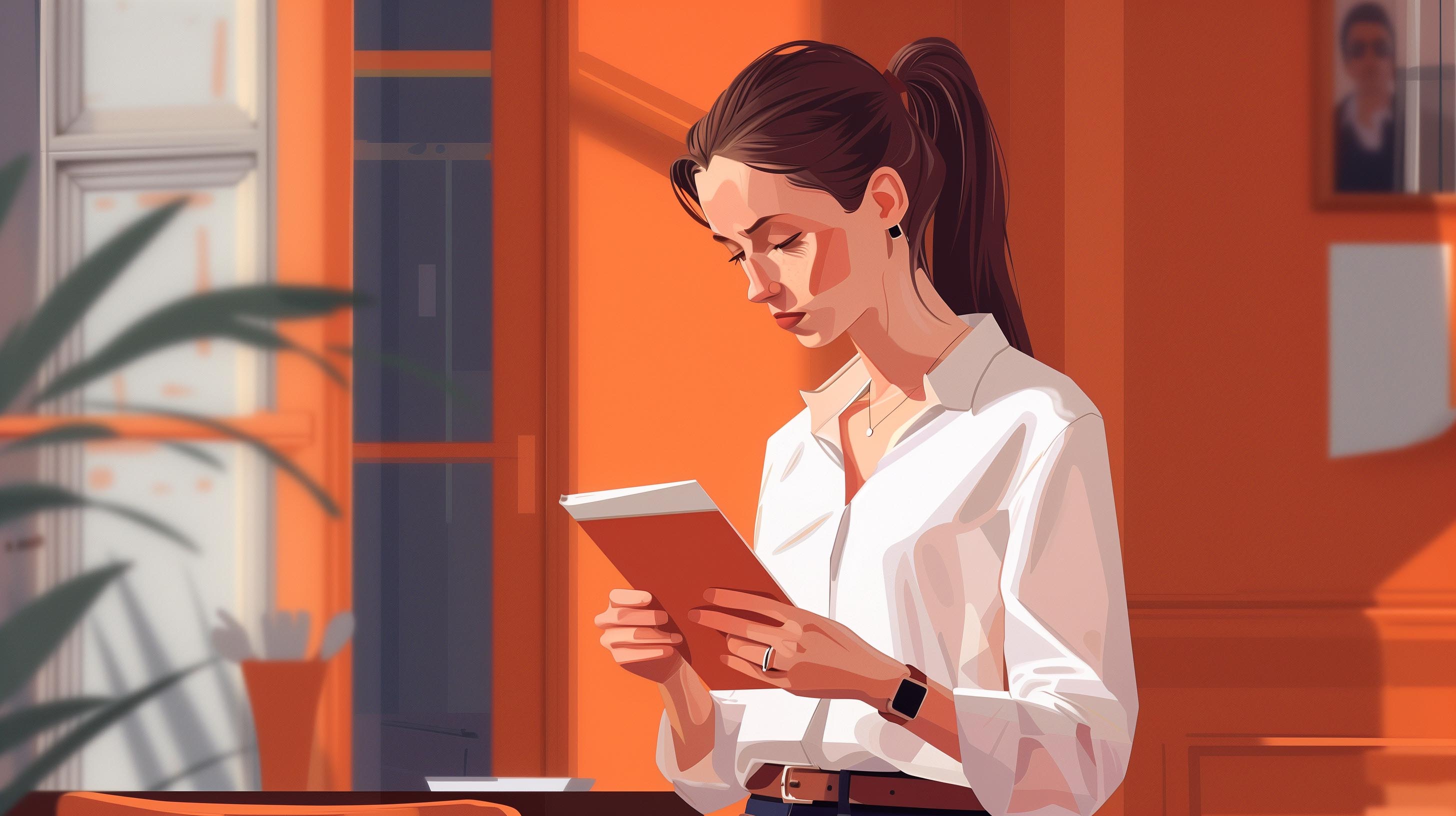 Young business woman standing in an office reading a document and looking serious
